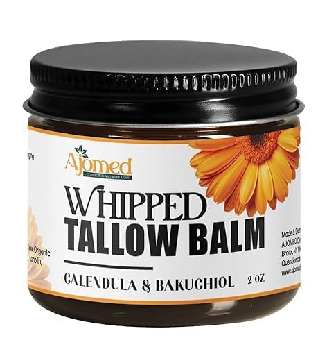 AJOMED Whipped Beef Tallow for skin Moisturizer with calendula and bakuchiol oil | beef tallow for skin care - handmade grass-feed Frankinsence tallow face cream- organic facial balm (UNSCENTED)