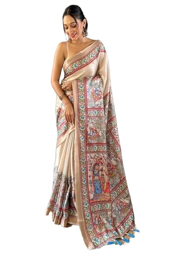 Panzora Women's Tussar Silk Madhubani Printed Saree With Unstitched Blouse Piece