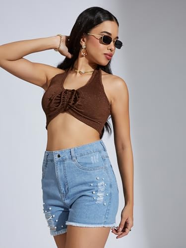 Image of Miss Chase Women's Relaxed Mid Rise Regular Non Stretchable Denim Shorts