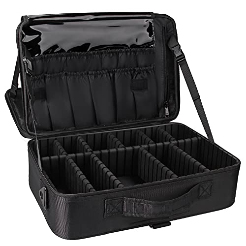 Relavel Estojo de maquiagem de viagem estojo organizador de cosméticos bolsa de armazenamento de artista portátil com divisórias ajustáveis para cosméticos pincéis de maquiagem acessórios digitais, Preto, V Large, Estojo de maquiagem grande
