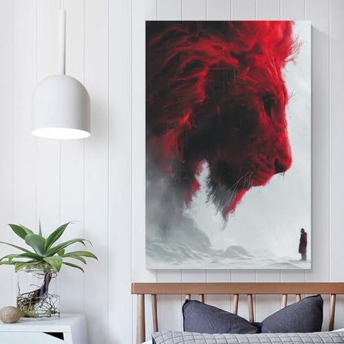 Toile colorée de lion POLIUAWS de 60 x 90 cm prête à accrocher pour décoration salon