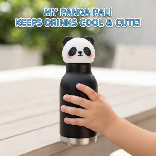Image of JOUET 400ml Stainless Steel Kids Water Bottle with Cute Panda Lid, Leakproof Drinking Bottle for School, Travel, Sports & Everyday Use