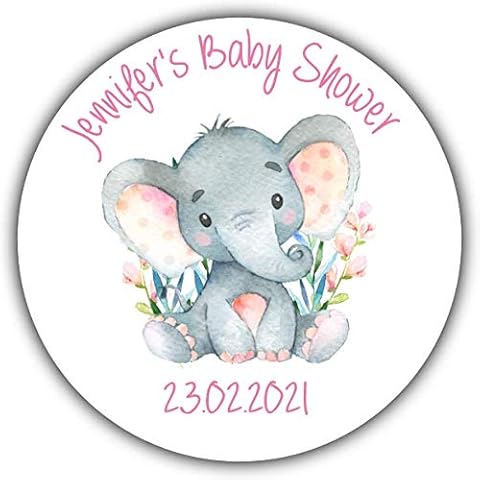 Personalised Baby Shower Stickers Gloss for Party Bags Seals Watercolour Elephant (35 x Round 37mm Small) Cover