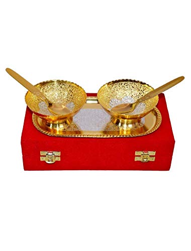 Dby Silver And Gold Color Plated Bowl Set With Spoon Tray Come With Gift Pack Dry Fruits Gift Item Serving Bowl Brass Bowl Gold Plated Brass Bowls Set #TOP6
