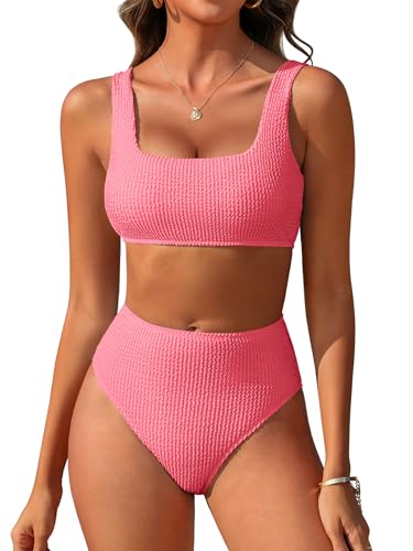 Image of ANRABESS Women' Two Piece Bikini Sets, High Waist Square Neck Swimsuits ,Ribbed Textured Comfy Bathing Suits,Beach Swim Wear