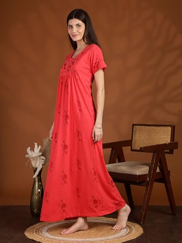 Image of 9shines Label Stylish Cotton Blend Embroidered Maxi Nightdress for Women with Pocket| Full Length Nightwear| Premium Nightdress| Comfortable Nightwear(5256)