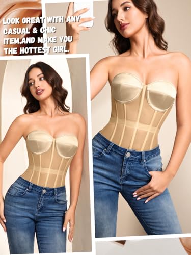 Image of Kaei&Shi Sheer Mesh Overbust Corset,Sexy Strapless Lace Up Satin Bra Corsets Top For Women Shapewear
