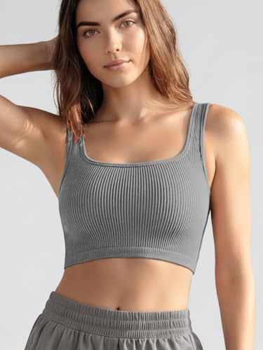 Image of ODODOS 3-Pack Seamless Square Neck Crop Tank for Women Ribbed Knit Soft Low Back Cropped Tops