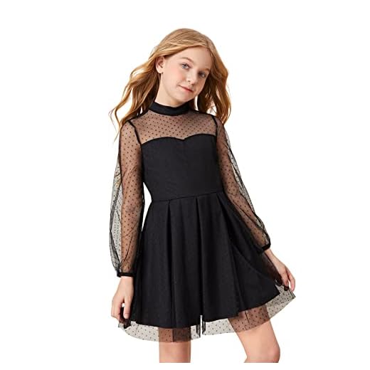 SOLY HUX Girl's Contrast Mesh Long Sleeve Mock Neck High Waist Flared A Line Dress Black 10Y