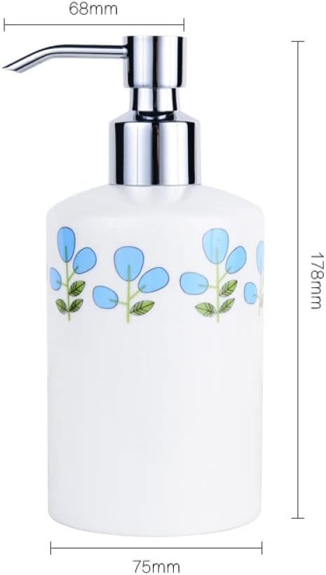 Modern Soap Dispenser, Ceramic Liquid Refillable Lotion Pump Bottle for Kitchen Bathroom, Decorative Cute Blue Leaf Pattern Hand Dispenser