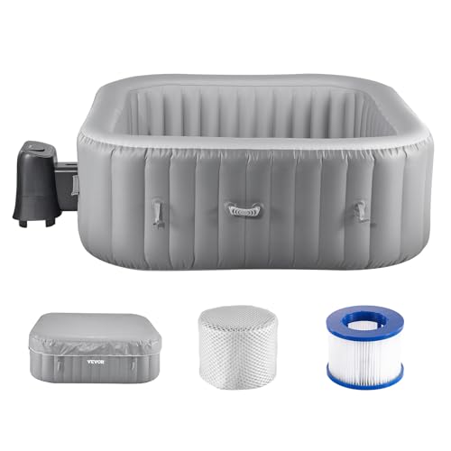 VEVOR Bañera Hinchable para 4 a 6 Personas (185 x 66 cm), Cuadrada y portátil, con 130 boquillas y filtros, Cubierta y Alfombrilla y Panel de Control Multifuncional, Piscina de SPA de PVC al Aire