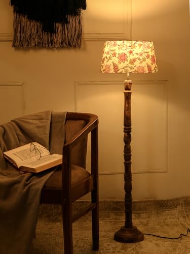 Image of Green Girgit Floral Print Floor Lamp with Taper Red Daisy Shade, Dark Brown Wooden Base, Bedside Night Lamp with, Modern Living Room Light, LED Ambient Lighting, E27 Bulb Compatible, Corded Electric