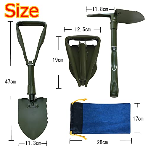 Freell フリール 多機能 折りたたみ スコップ 収納袋付き グリーン コンパクト収納 三つ折りシャベル 鍬 くわ つるはし 簡易のこぎり のこぎり ミニシャベル ミニスコップ 折り畳み ショベル スコップ (グリーン) 6枚目