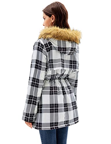 Grace Karin Women's Winter Hooded Coat Fleece Drawstring Parka Jacket Black-White Plaid S #TOP2