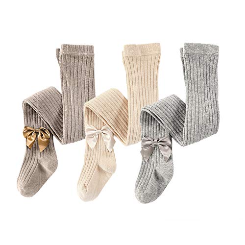 Dsaren 3 Pares Medias Bebé Termicos Algodón Pantimedias Niña Calcetines Altos con Lazo (gris, marrón, amarillo claro, L (2-3 años))