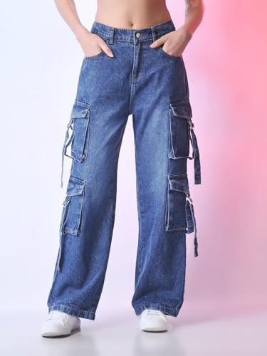 Image of Glossia Fashion Denim Blue Women Cargo Jeans | High Waist Stretchable Wide Leg Loose Fit Denim| Boyfriend Cargo Jeans for Women(WJ-1223)