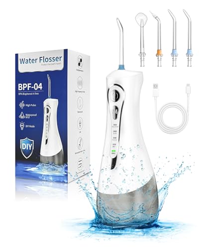 Irrigador dental de agua para dientes, irrigador bucal portátil inalámbrico, 320 ml, 5 puntas de chorro, limpiador de dientes de agua, IPX7, impermeable, irrigador bucal recargable, para viajes en