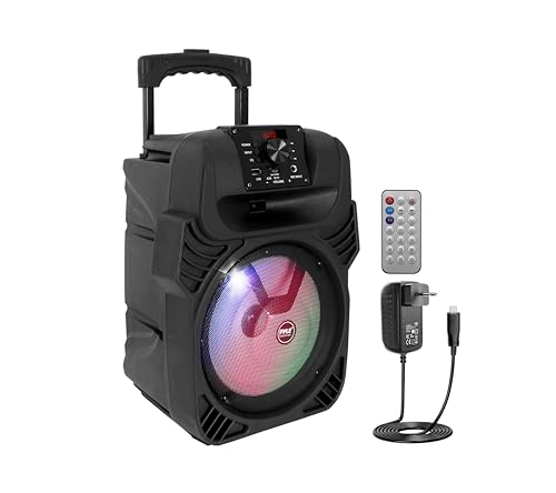 Pyle Sistema de Altavoces, PA, 400W, Bluetooth, portatil, Recargable, Exteriores, subwoofer de 8”, Tweeter de 1”, función de grabación, micrófono, Luces de Fiesta, Radio USB/SD, Control Remoto, Negro