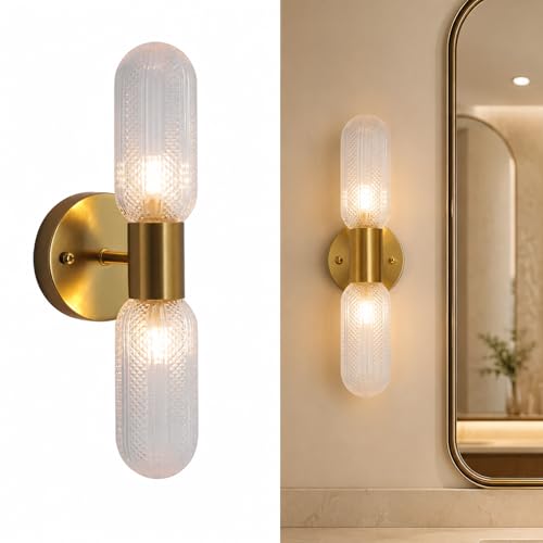 2-Light Modern Brushed Brass Wall Sconces, Double Sconce Gold Hardwired Vanity Lighting Fixture with Glass Shade, Wall Lamp for Bathroom Living Room Bedroom Hallway, 3-Color G9 LED Bulbs Included