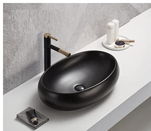 Image of Designer Counter Top Wash Basin | Tabletop Ceramic Bathroom Sink | Wash Basin Over Counter | Wash Basin For Bathroom, Living Room (24 x 15 x 6 Inch) (Matte Black)
