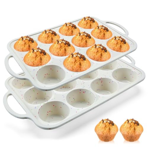 2Pack Silicone Muffin Pan for Baking with Metal Reinforced Frame, 12 Cup Regular Size Cupcake Pan, BPA Free Silicone Muffin Tray, Cupcake Baking Pan Molds for Oven Dishwasher Safe