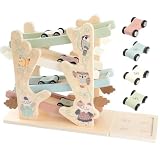 Smartwo Kugelbahn aus Holz mit 4 Autos Montessori Spielzeug für Kinder Autorennbahn-Holzspielzeug Kinderspielzeug in Pastellfarbe Geschenke für Junge Mädchen ab 3 Jahre