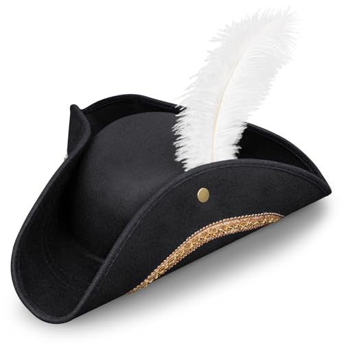 Lrvcnva Pirate Costume Hat Women/Men Black Pirate Hat Tricorn Colonial Hats Fit for Revolutionary War Costume and Halloween (Black with Feather)