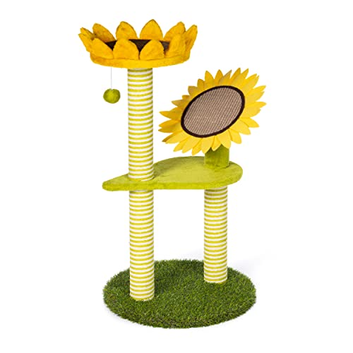 Image of Prevue Pet Products Sunflower Playground - Yellow and Green | Sunflower Pet Activity Center with Dangling Toy & Cat Scratcher, Durable Posts and Padded Platform Levels