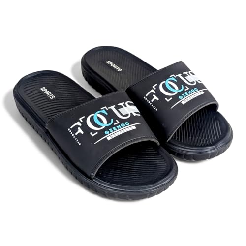 Image of Ovee slide Slip-On Sandals, Black, Textured Footbed with Logo Strap