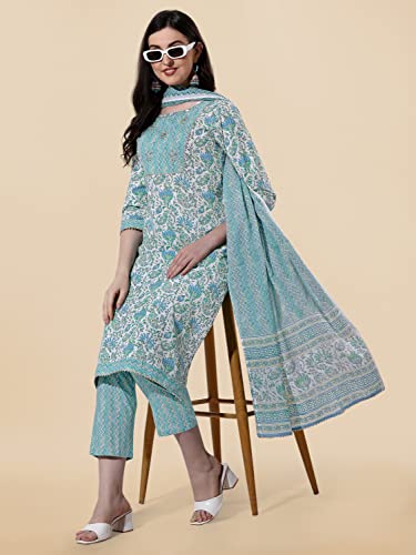 Image of MIRCHI FASHION Pure Cotton Women Straight Print & Thread Embroidery Kurti Set with Dupatta & Pant