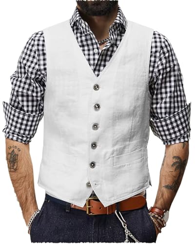 Men's Summer Linen Vest Slim Fit Vintage Suit Vest Beach Wedding Casual Waistcoat for Party Groomsmen4