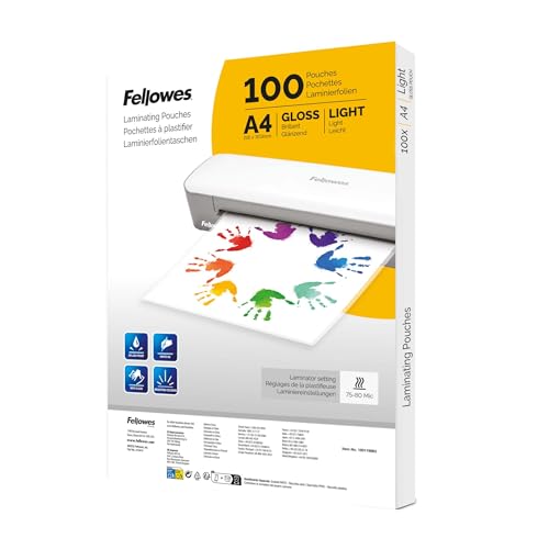 Fellowes A4 Laminating Pouches – 100 Pack Gloss Finish – Laminator Sheets for Home, School or Office – Ideal for Photos, Signs & Documents – Compatible with All Laminators