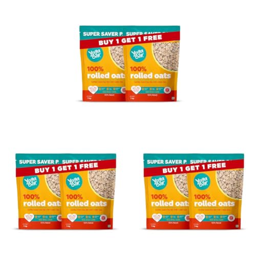 Image of Yogabar 100% Rolled Oats 2 kg (1 Kg Pack of 6 Pouch) | Gluten-Free, High-Fibre Wholegrain Oats | Nutritious Breakfast Cereal, Easy-to-Cook