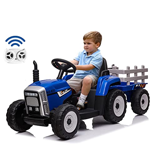 COLOR TREE Kids Ride On Tractor with Remote Control, 12V 7AH Battery Powered Electric Tractor with Trailer, 3-Gear-Shift, USB, Music, LED Lights, 25W Motors/EVA Tires, Kids Ride On Car - Blue