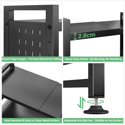 SAYZH Expandable Microwave Shelf, Microwave Stand with 10 Hooks/Cutting Board Holder/Rag rack, 2 Tier Microwave Oven Rack for Kitchen Counter Organizer, Black - Image 2