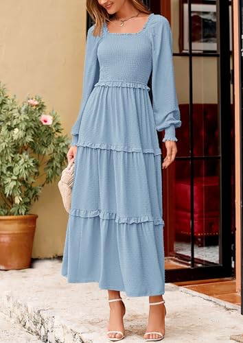 PRETTYGARDEN Fall Dresses for Women 2025 Long Sleeve Smocked Square Neck Swiss Dot Tiered Flowy Wedding Guest Maxi Dress