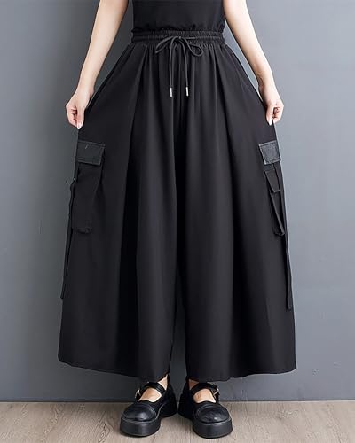 ellazhu Women's Pants Drawstring Solid Wide Leg Flowy Hem Casual Loose GZ417 A3