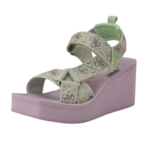 Guess Women's DAWSIN Wedge Sandal, Light Green/Purple Rhinestone Logo 330, 5