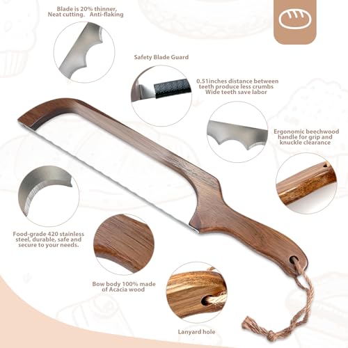 Bread Knife for Homemade Bread,Wooden Sourdough Bread Slicer with Bow Design,Premium Stainless Steel Serrated Saw Bread Cutter for Bagels, Baguettes and More - Image 3