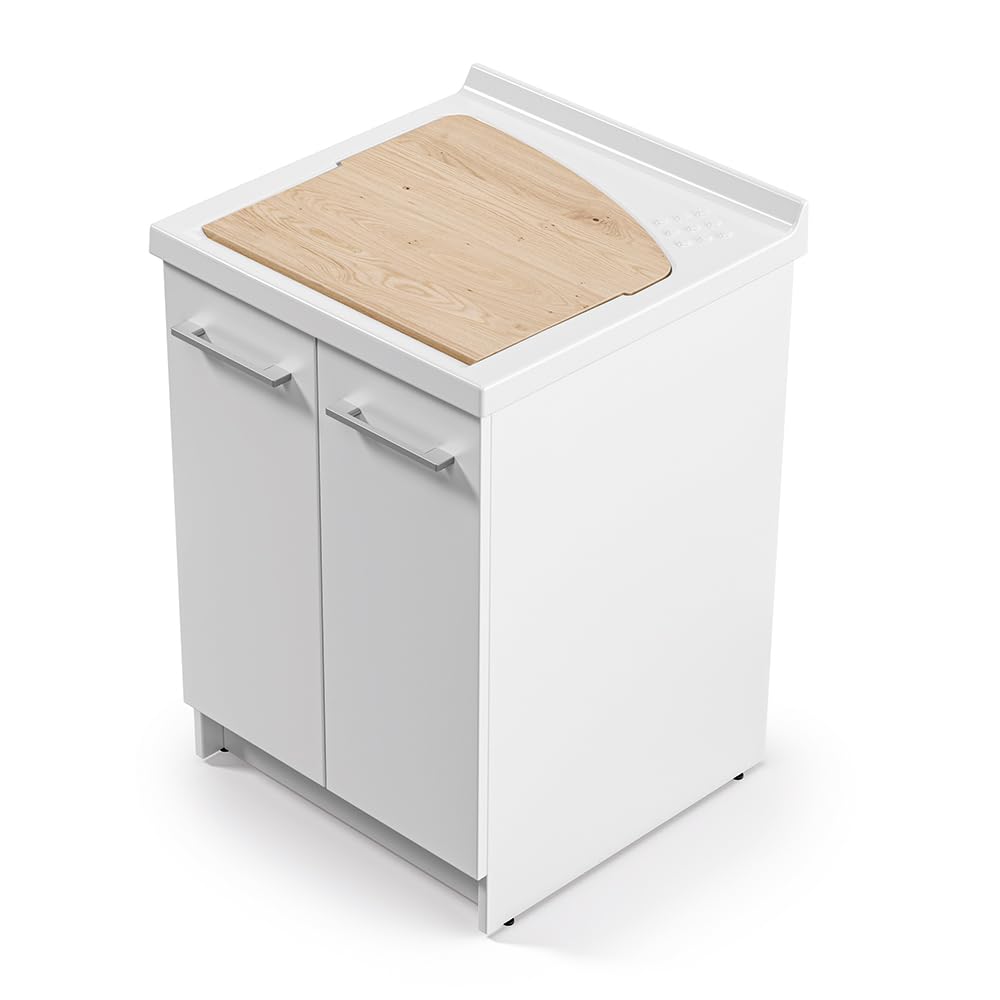 Mobile Lavatoio 61x50 Cm Con Vasca In Ceramica Linea Revine, Struttura Già Montata In Legno Nobilitato Bianco Con 2 Ante E Maniglie Cromo, Completo Di Asse Lavapanni