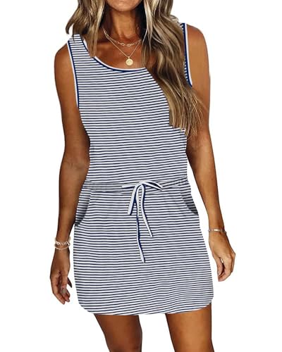 PLMOKEN Vestido De Playa De Verano para Mujer Vestido Casual Cuello Redondo Vestido Sin Mangas Cinturón Ajustable con Bolsillos