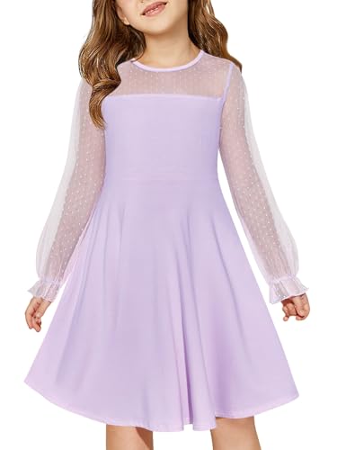 Haloumoning Girls Contrast Mesh Long Sleeve High Waist A Line Short Dress with Pockets 4-14 Years Purple