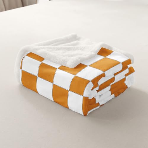Image of Erosebridal White Orange Checkered Fleece Bed Blanket Throw 50 inchX60 inch Buffalo Plaid Grid Throw Blanket,Checkerboard Sherpa Blanket for Kids Adults Men Women Aesthetics Gingham Flannel Blanket