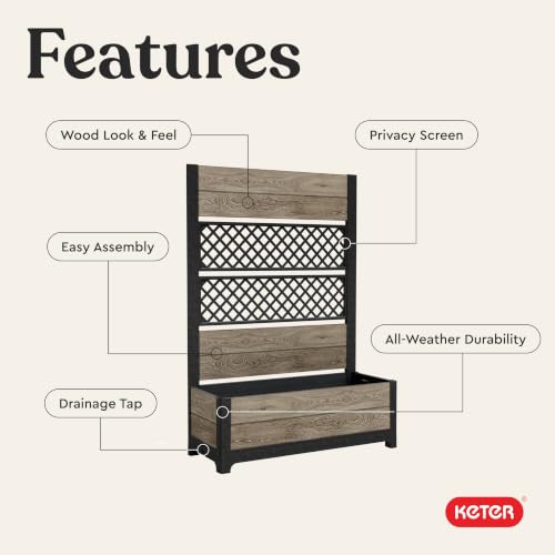 Image of Keter Outdoor Planter Box with Privacy Screen and Trellis - 26 Gallon Raised Garden Bed for Climbing Plants, Wood-Look Resin, Weather-Resistant Divider for Patio, Balcony & Backyard