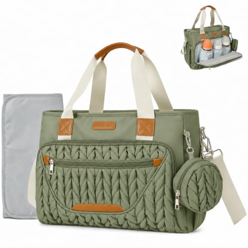 Image of FHELAD Diaper Bag Tote for Women, Baby Diaper Bag 16L (Sage Green) | 5 Insulated Pockets, Changing Pad, Pacifier Case, Stroller Clip, 15.6 Inch Laptop Compartment, Detachable Shoulder Strap