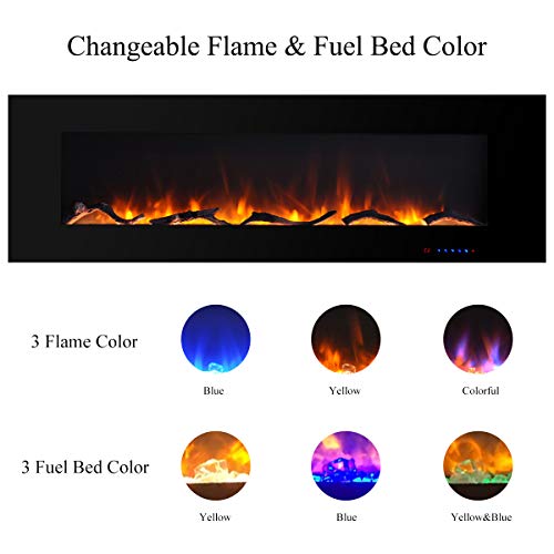 Valuxhome Electric Fireplace, 72 Inches Wall Mounted Fireplace With Overheating Protection, Thermostat, Timer & Remote, Log & Crystal, Touch Screen, 1500/750W, Black #TOP4