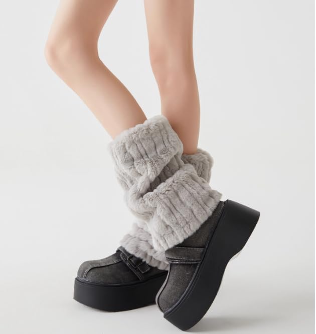 Womens Fur Leg Warmers Y2k Kawaii Cute Boot Socks Fuzzy Grey Leg Warmers for Girls Lolita Furry Cover Sleeves - Image 6