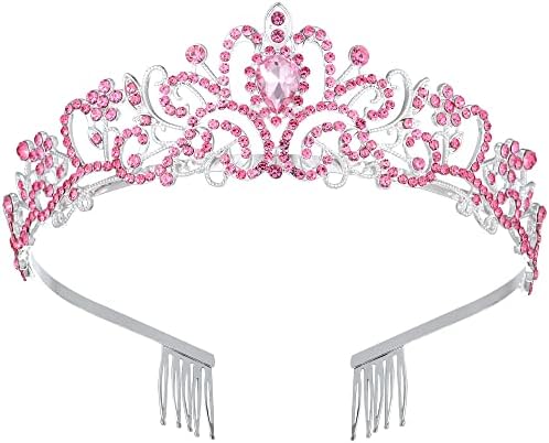 Pink Tiaras and Crowns for Women Girls, Crystal Birthday Queen Crowns with Comb Rhinestone Princess Tiara Hair Accessories Wedding Crown for Brides