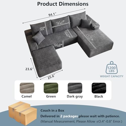 Image of 95 inch Cloud Sectional Couch with Ottoman,Modern U-Shaped Cloud Couch with Deep Seat,Comfy Corduroy Sofa,Memory Foam Sofa for Living Room,No Assembly (Dark Gray,Right-Facing Chaise)