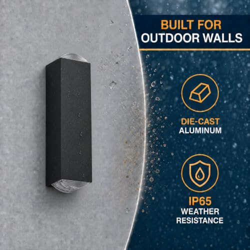 Image of 2-Pack LED Outdoor Wall Lights, 20W Total, 3000K, IP65, Black | 2-Pack Modern Wall Lights with Warm Up-and-Down Beams, Integrated LED, IP65 Protection and Aluminum Bodies